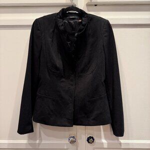 Tahari Women's Black Ribbon Ruffle Stand Collar Blazer Snaps Sz 10 US